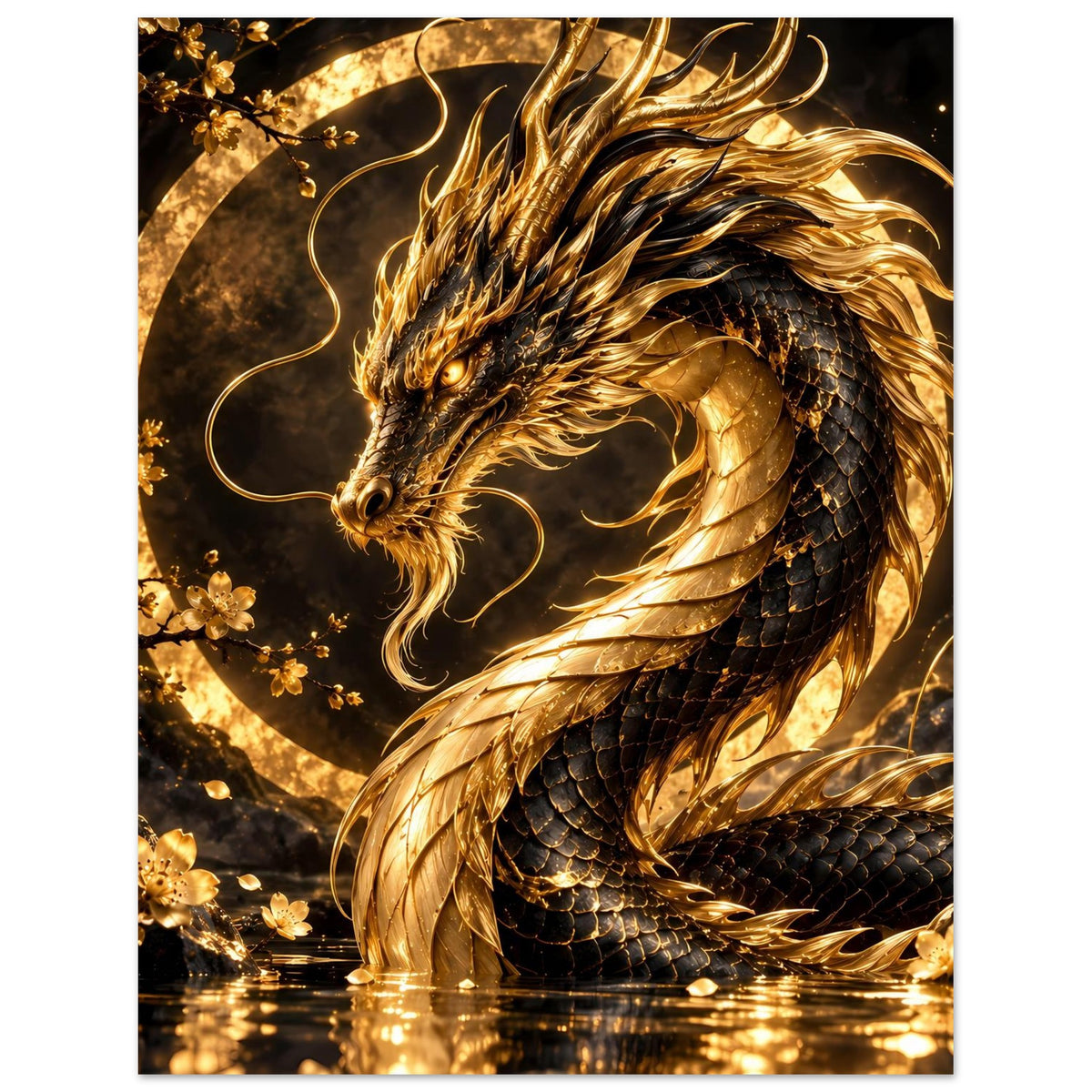 Poster mit goldenem Drachen im Blütenkreis, Blick auf Kopf, Mähne und Schlangenkörper, gold