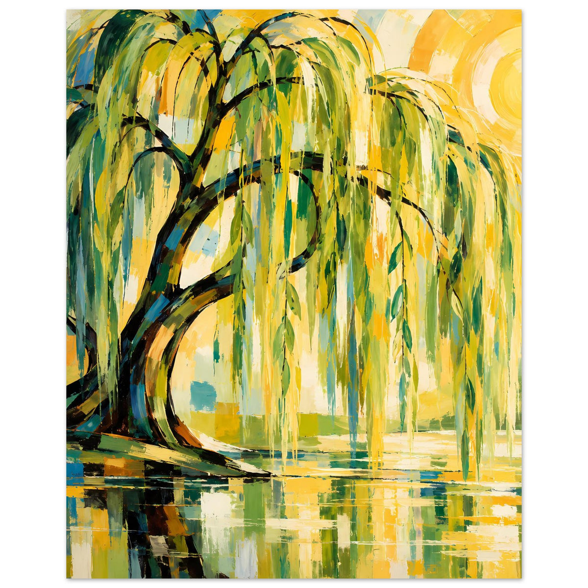 Poster mit Weidenbaum und reflektierendem Wasser, warmes Gelb, leuchtendes Grün, abstrakt