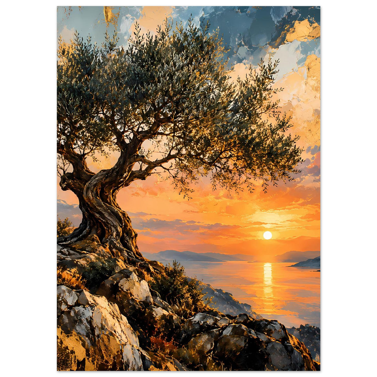 Poster im Hochformat mit Olivenbaum, felsigem Ufer und warmen Himmelstönen
