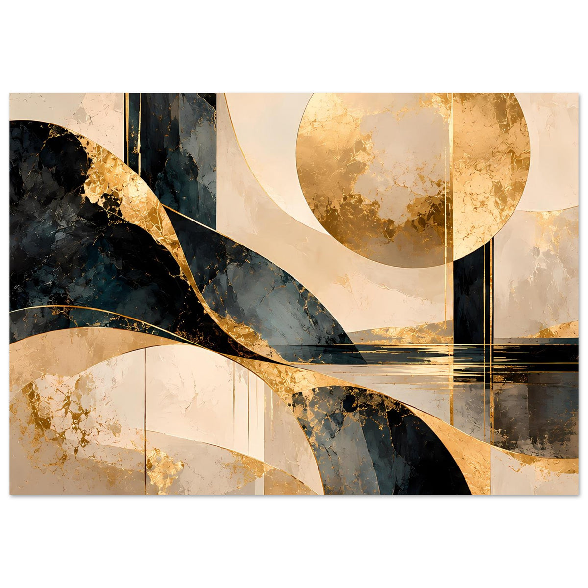 Abstraktes Poster mit geschwungenen Linien, Goldflächen und dunklen Kreisausschnitten