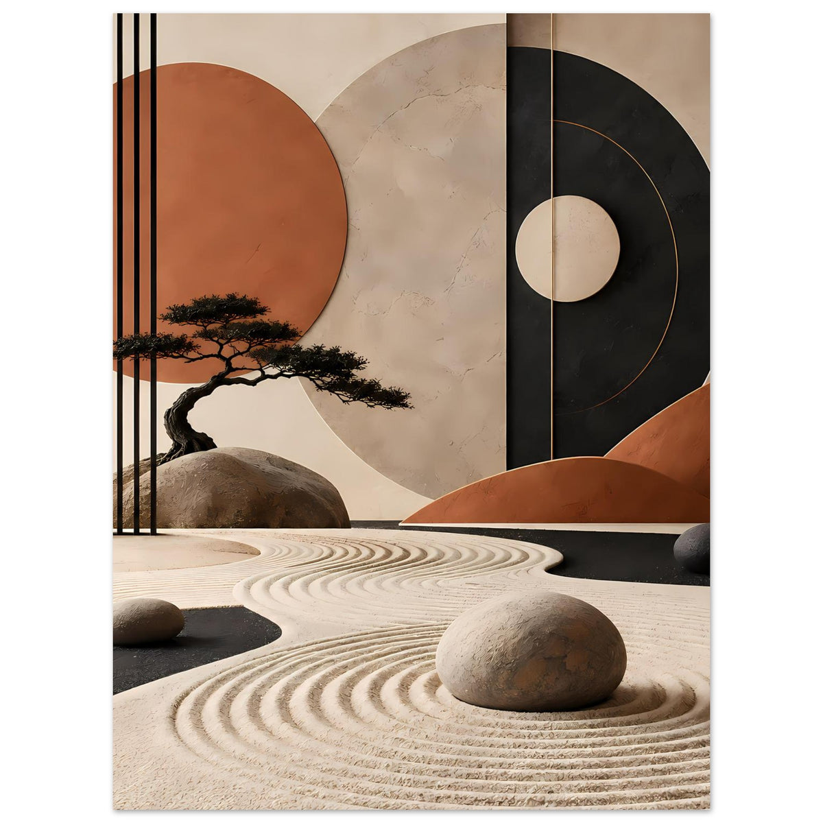 Abstraktes Zen-Poster mit Baum, Steinen, Sandrillen und großen Kreisflächen