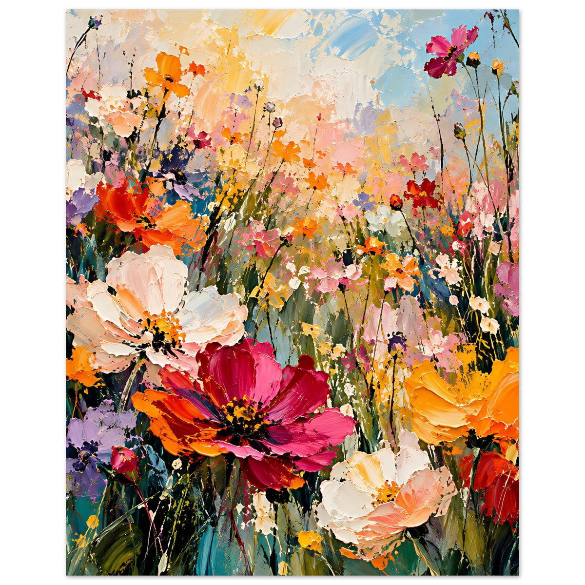 Blumenposter mit bunten Gartenblumen, große Blüten in Pink und Orange, viele Kleinstblüten
