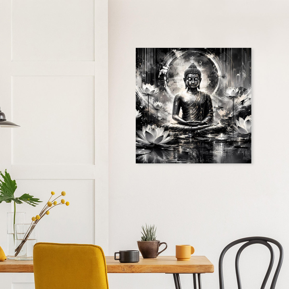 Kunstposter mit Buddha im Meditationssitz, schwarz-weiß, Lotus und dramatische Lichtstreifen