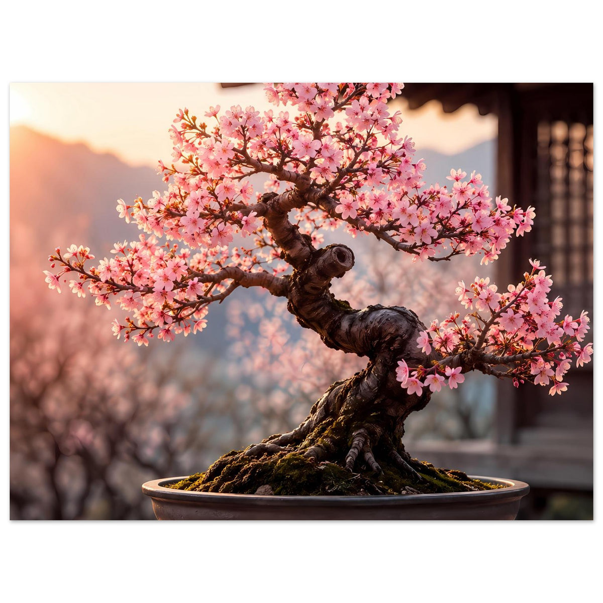 Bonsai-Kunstdruck: blühender Bonsai mit Schale, vertikal im breiten Bildausschnitt