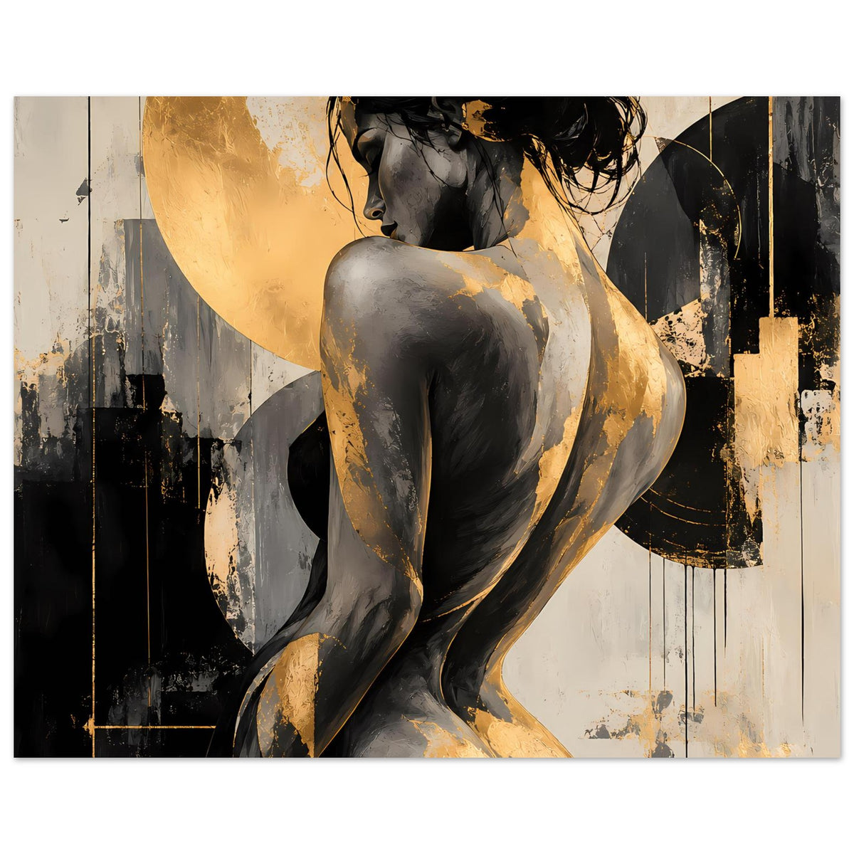Abstraktes Wandposter mit sitzender Akt-Figur, Gold- und Schwarzflächen, gestische Linien