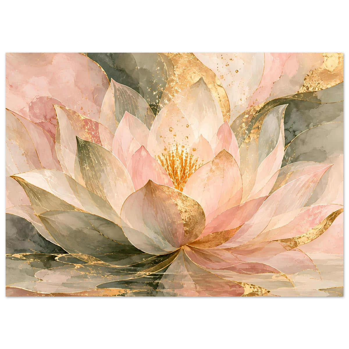 Zen-Lotusblüten-Kunstdruck mit rosafarbenen Blüten, goldem Glanz und beigen Blättern, horizontal