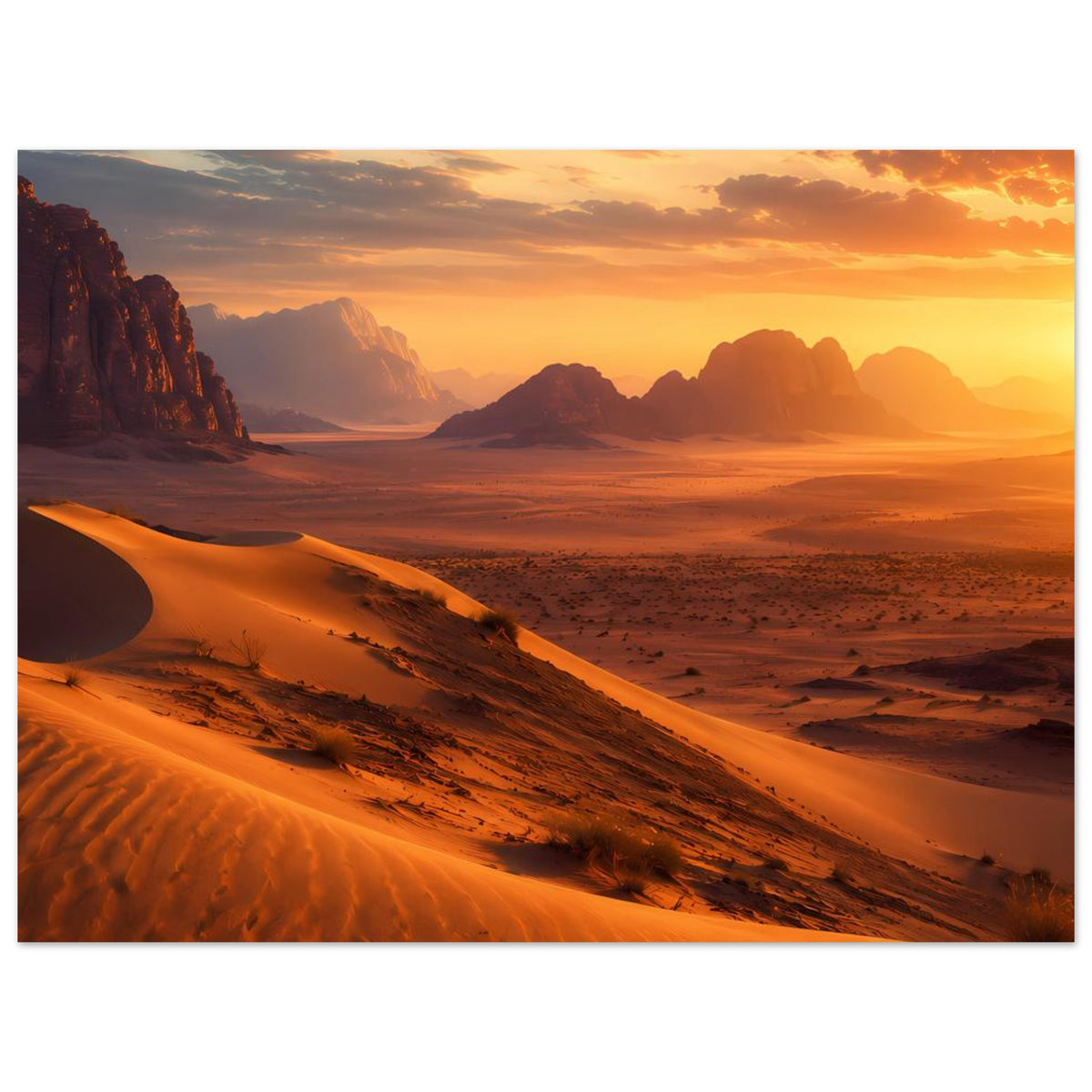Poster im Querformat: Wüstenlandschaft bei Sonnenuntergang mit Dünen und Nebelschwaden