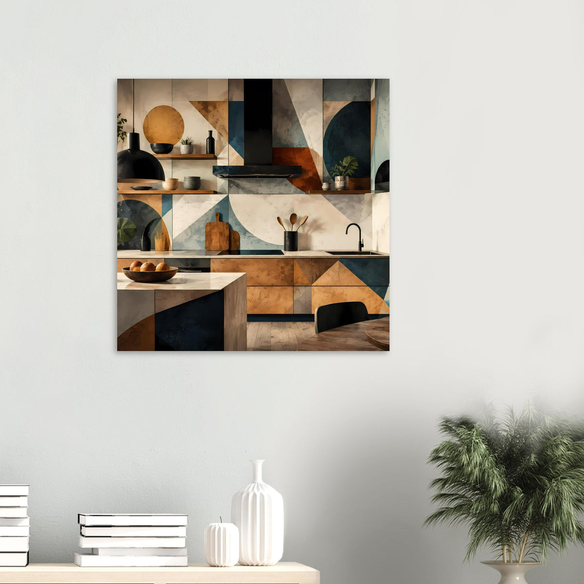 Geometrisches Küchenkunstposter mit abstrakter Küchenansicht, quadratisch
