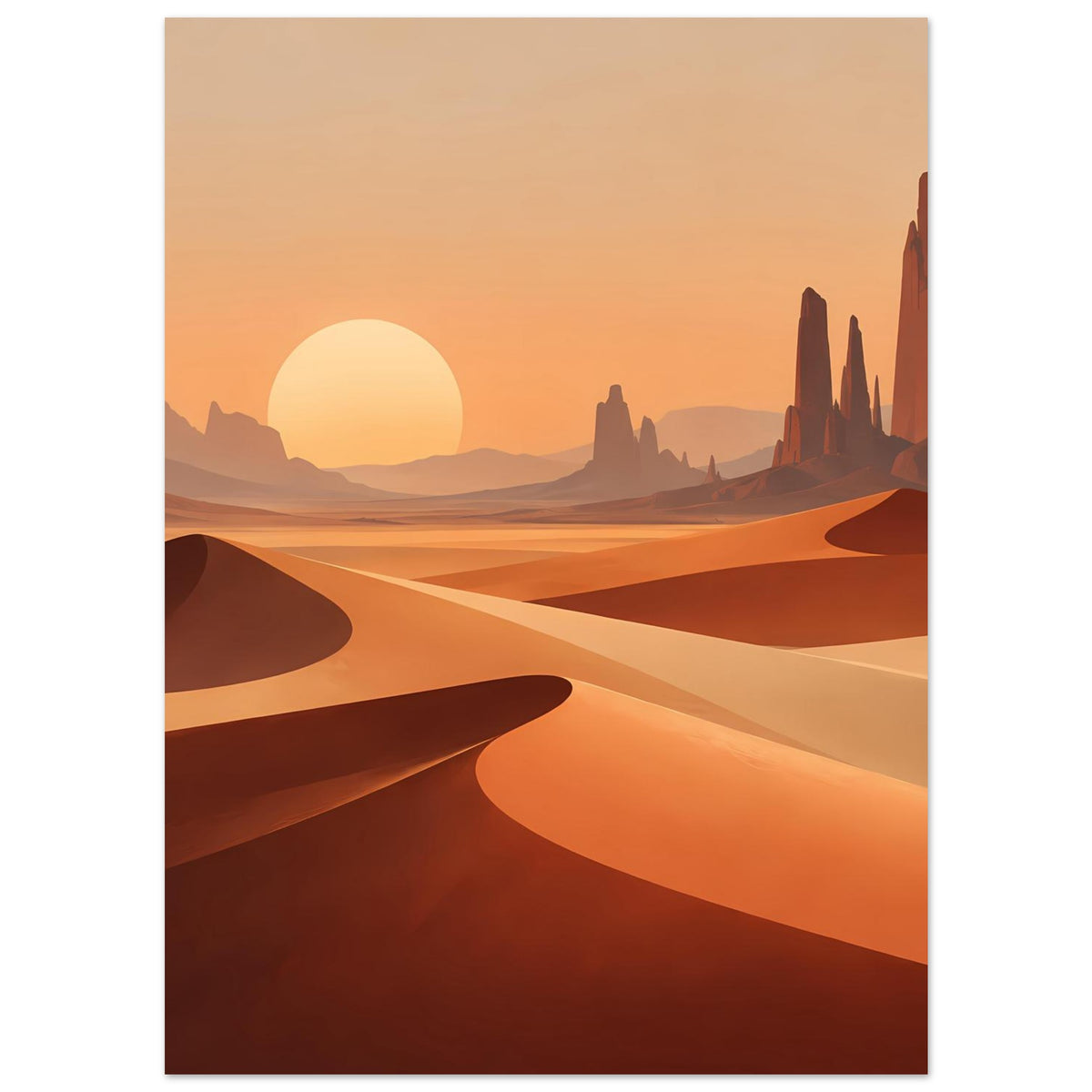 Poster mit Wüstenlandschaft, goldener Sonne und geschwungenen Sanddünen, orange-braun