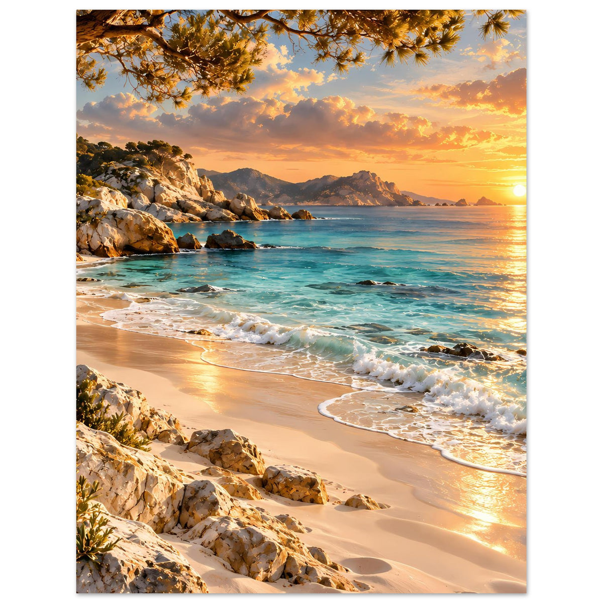 Strandlandschafts-Poster mit Sonnenuntergang, tobenden Wellen, Sandstrand und Felsenküste
