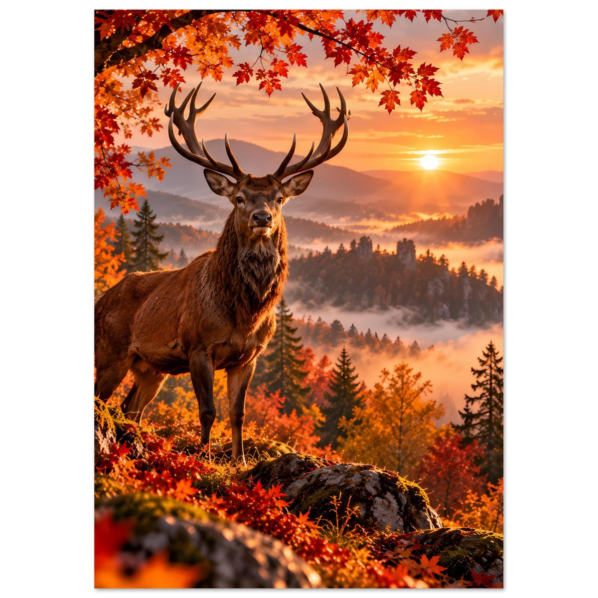 Hirsch-Poster mit Geweih im Vordergrund, orangefarbenes Herbstlaub und weitreichender Nebelkulisse