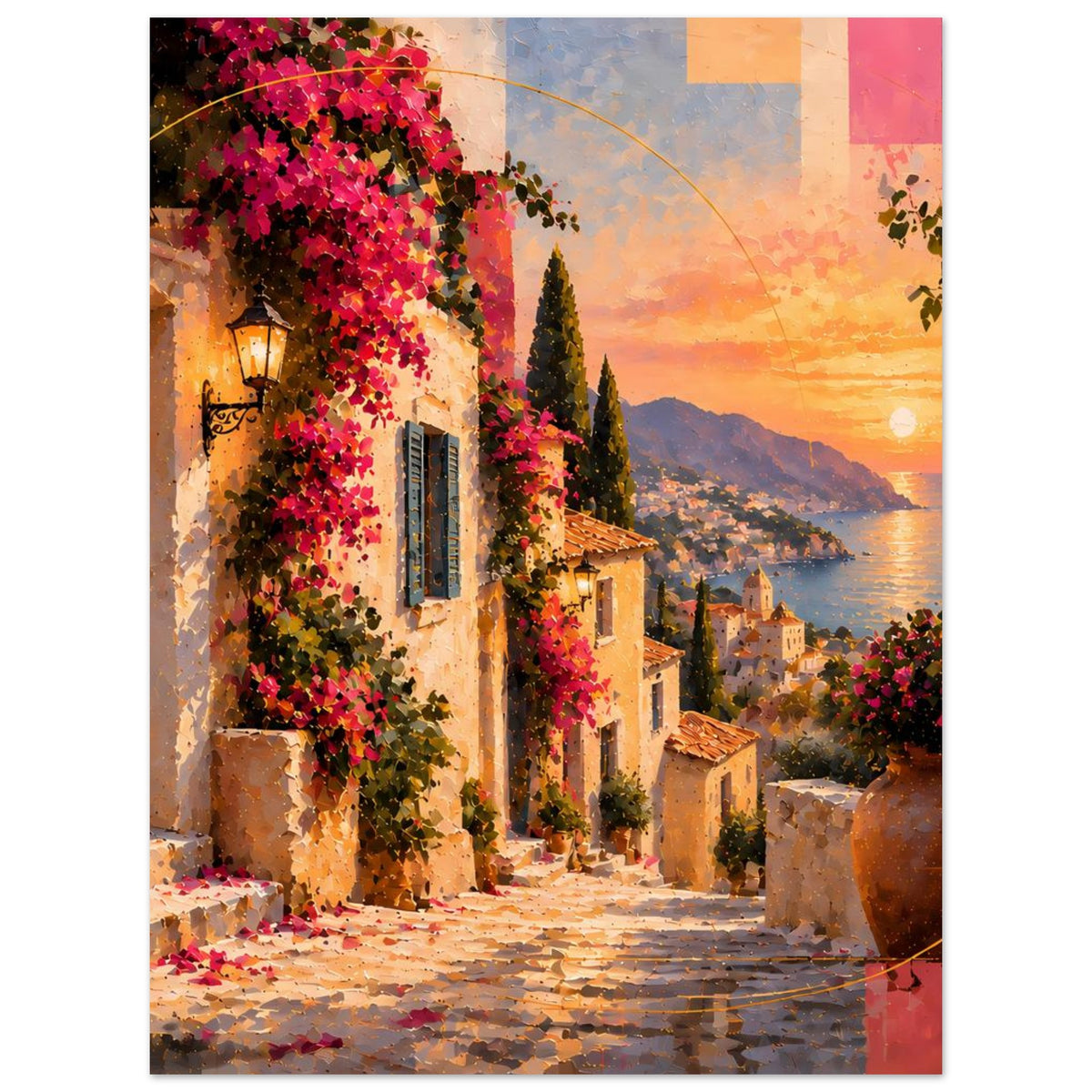 Poster mit mediterraner Gasse, pinken Blüten und Sonnenuntergang über dem Meer, matt