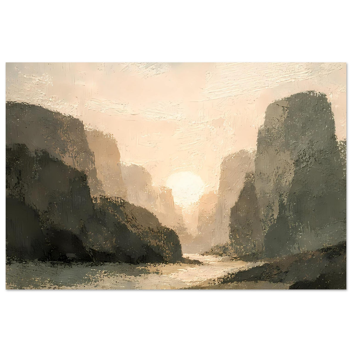 Poster Sonnenuntergangs-Landschaft: helle Himmelsfläche, goldener Lichtschein, dunkle Felsen