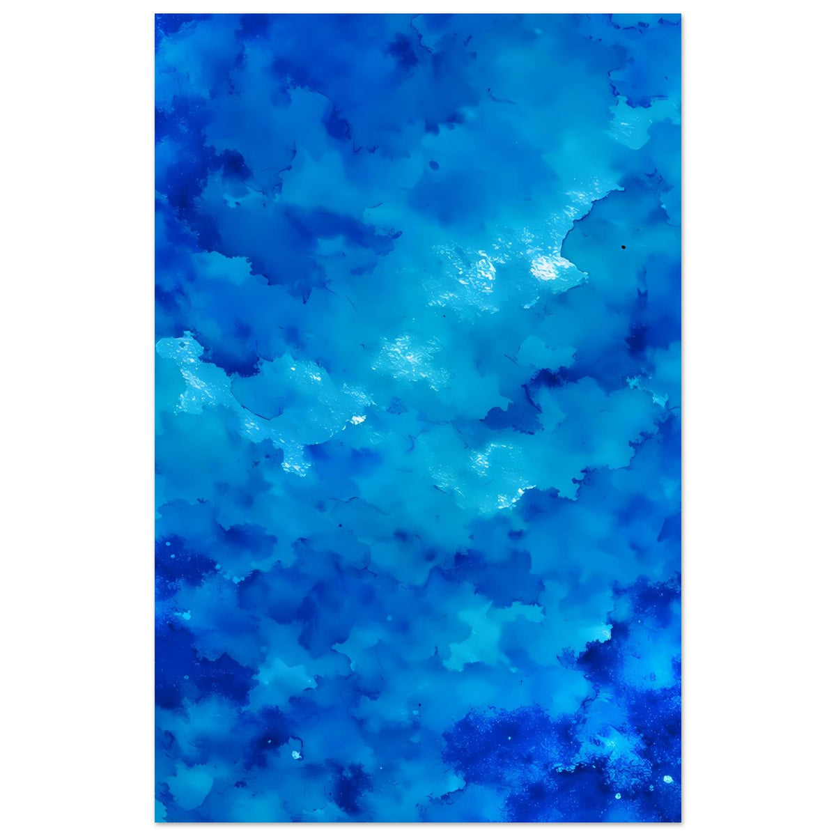 Blaues abstraktes Kunstposter mit Aquarellwolken und leuchtendem Lichtfleck, vertikal