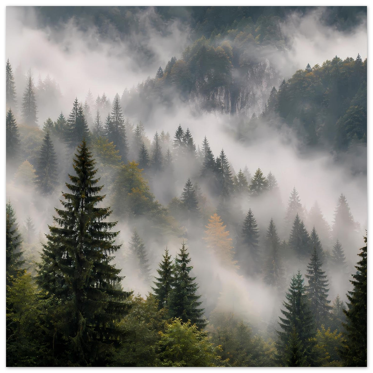 Wandposter Waldlandschaft mit Nebel und Tannen, Blick in eine dichte, ruhige Atmosphäre