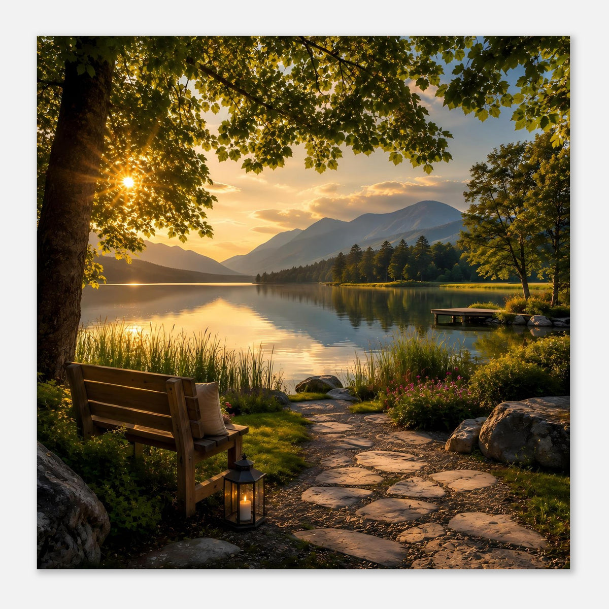Landschafts-Poster mit Sonnenuntergang am See, Baum links, Sitzbank am Steinweg