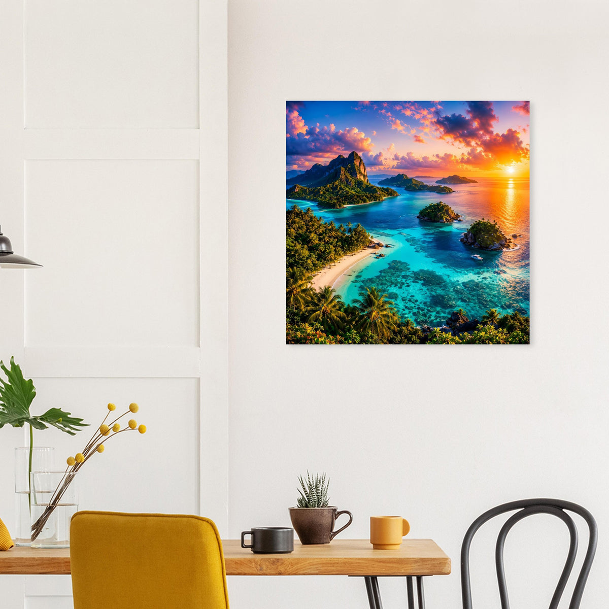 Gerahmtes Poster mit türkisblauem Meer, Inseln und warmem Sonnenuntergang