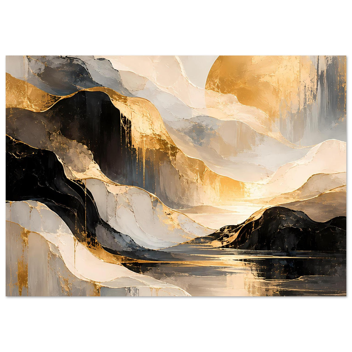 Abstraktes Kunstposter, horizontales Landschaftsmotiv in Gold, Schwarz und Creme mit Fluss