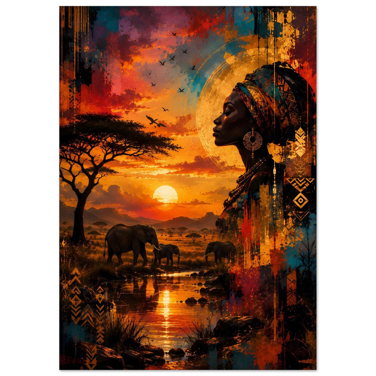 Poster mit afrikanischer Frau im Profil, Ornamenten am Gewand und Elefanten in der Savanne