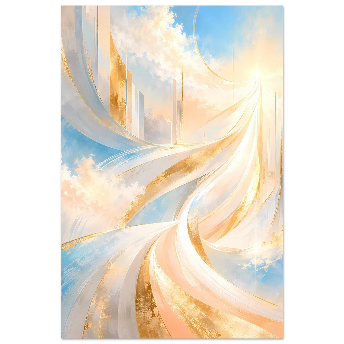 Abstraktes Poster mit goldenen und hellblauen Schleifen, Wolken und Strahlen
