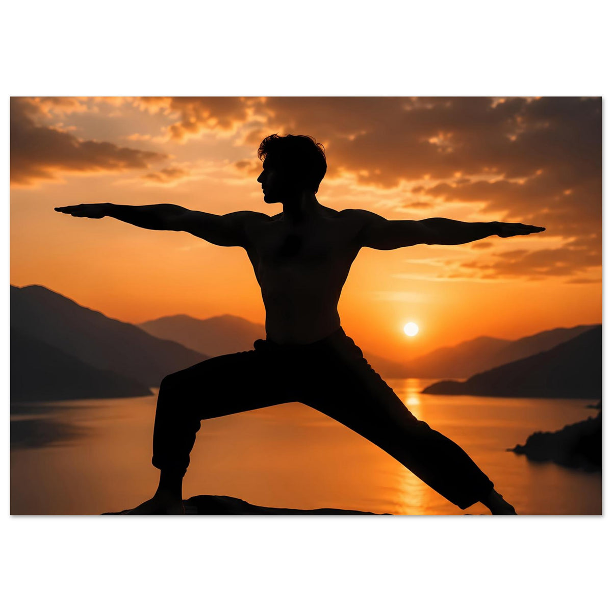 Yoga-Poster im Querformat mit Silhouette in Kriegerpose bei untergehender Sonne