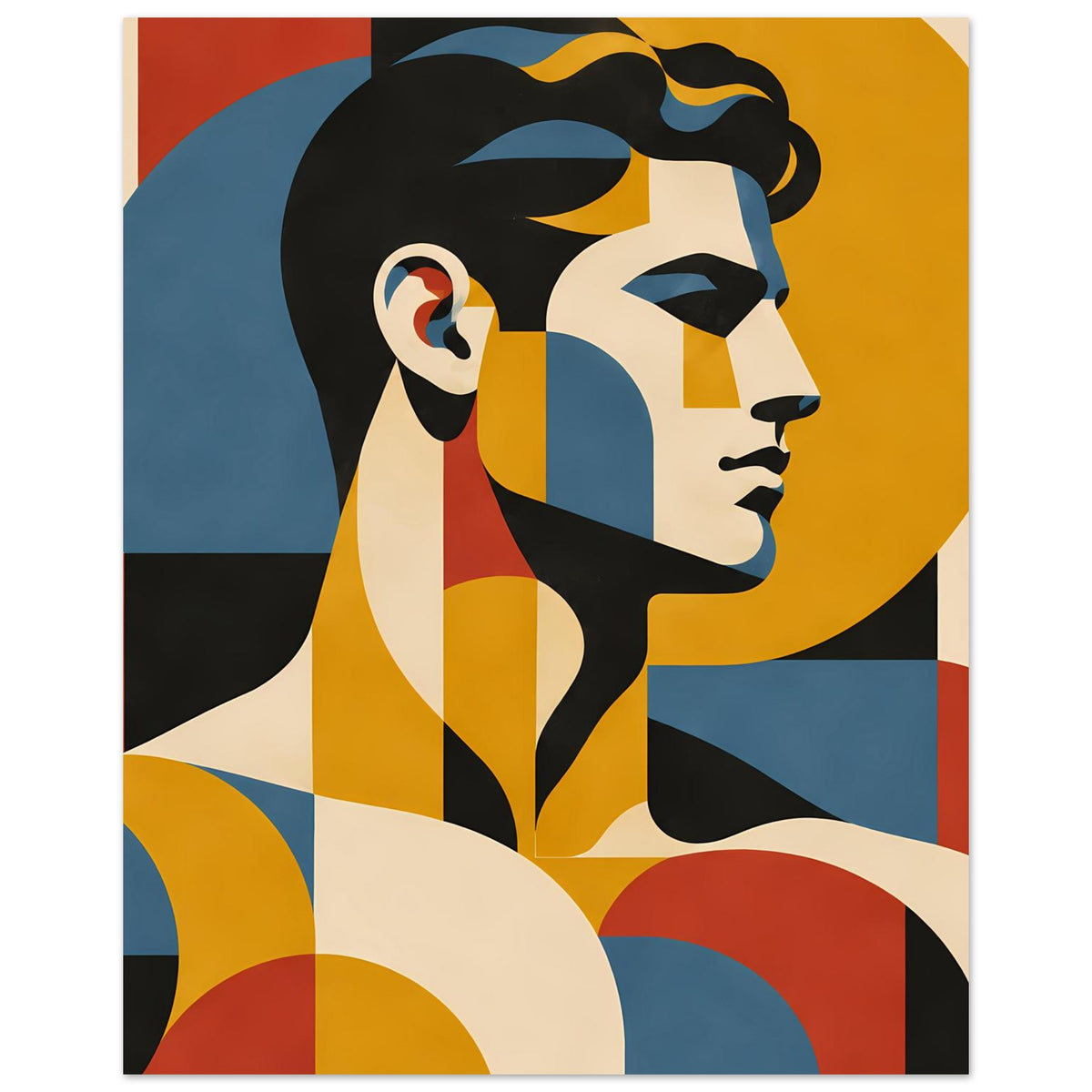 Bauhaus-inspiriertes Portraitposter im Hochformat mit abstraktem Frauenprofil in kräftigen Farben
