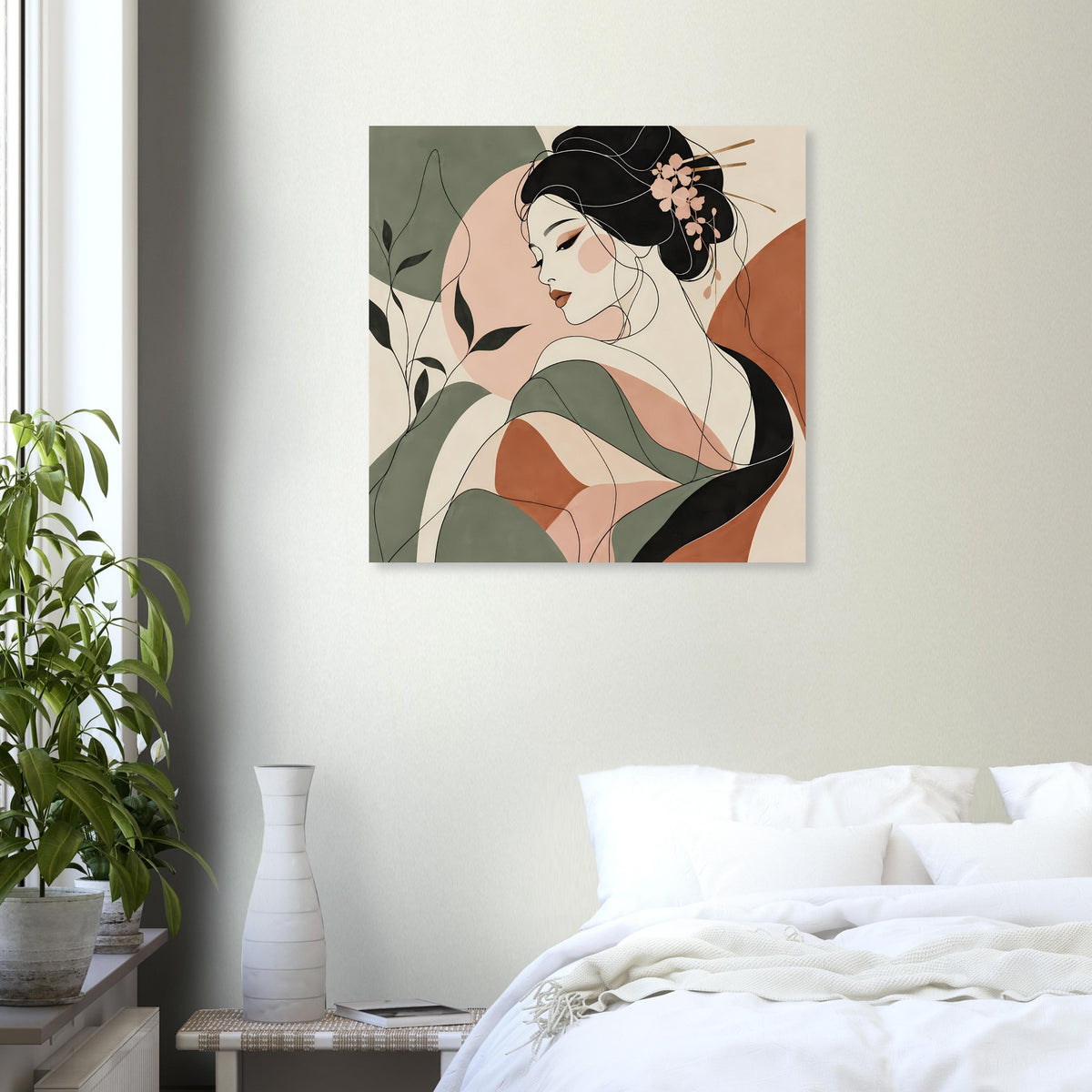 Poster mit Geisha als Linienkunst, Seitenansicht mit grüner Robe und floralen Formen