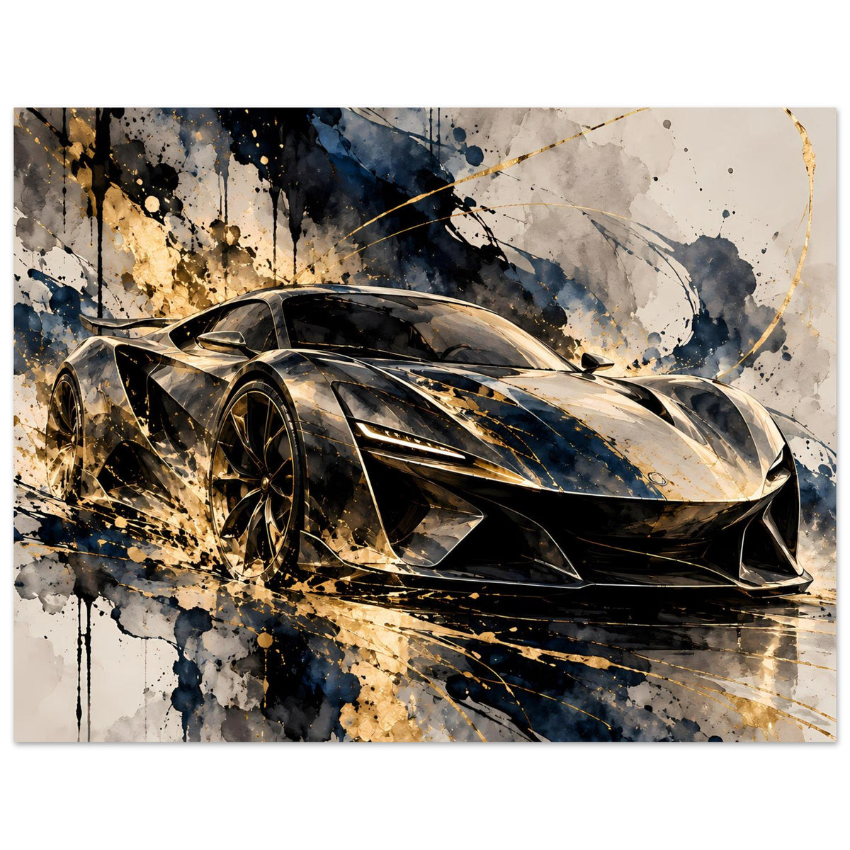 Poster: schwarzer Supersportwagen mit Goldakzenten, Spritzgrafik – Querformat