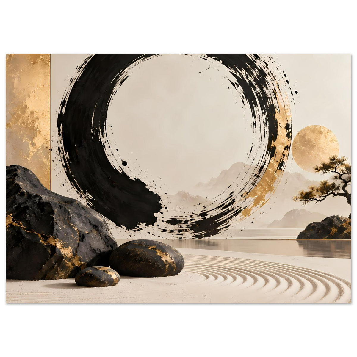 Minimalistische Tuschekunst mit schwarzem Enso-Kreis und goldener Mitte