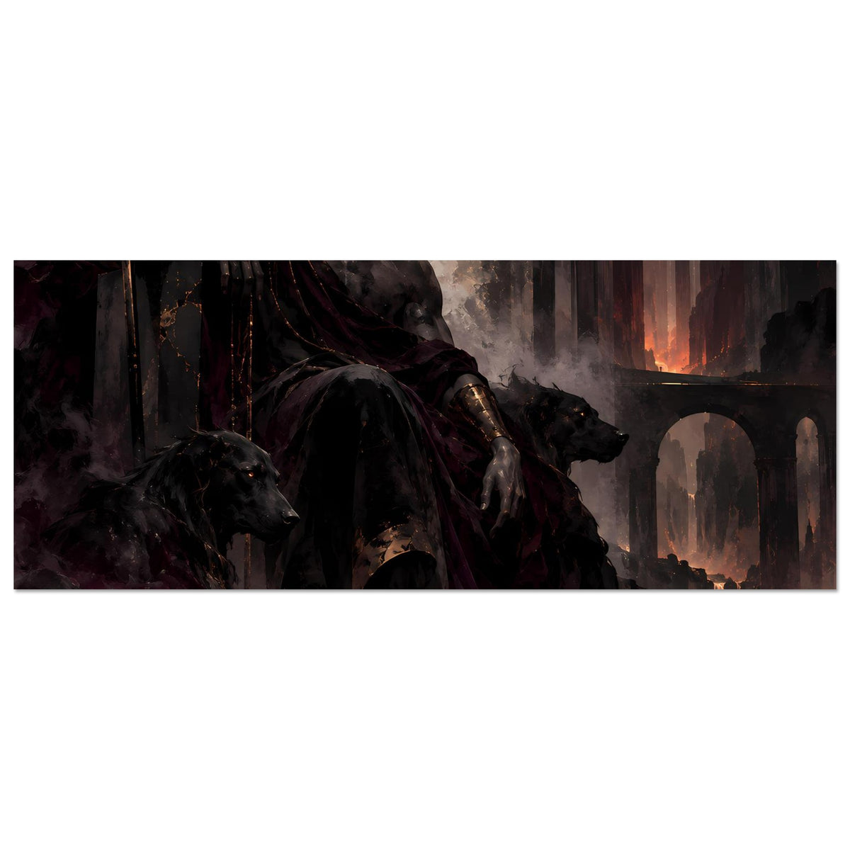 Horizontales Fantasy-Poster: Ritter mit Umhang, Mondscheibe und Stadtbrand im Hintergrund.