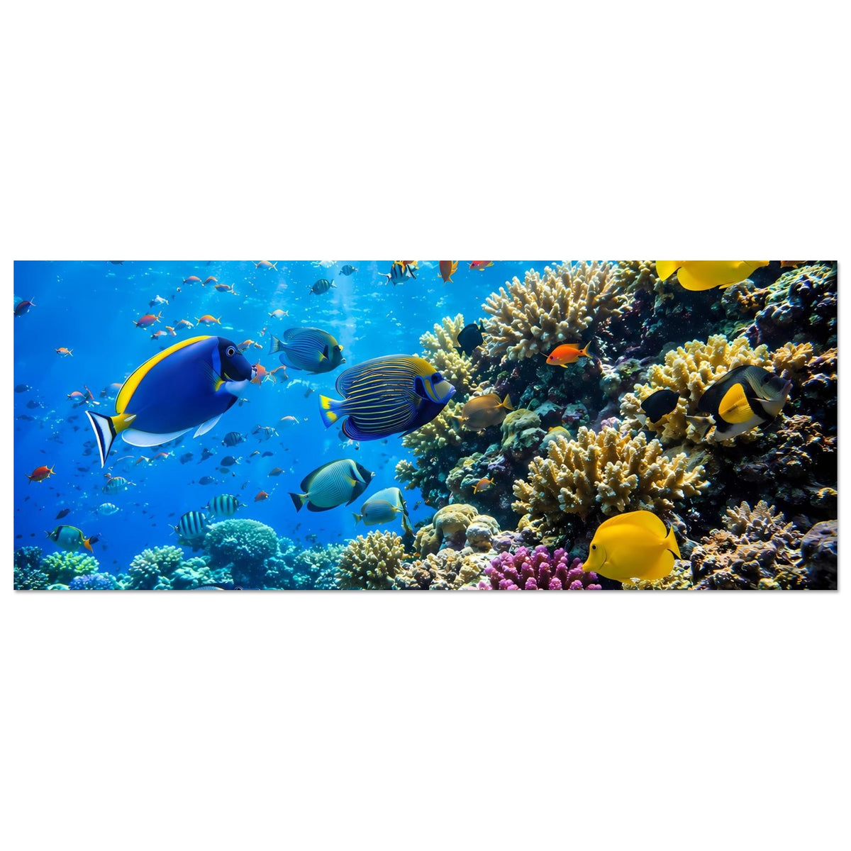 Korallenriff-Poster im Panoramaausschnitt: Fische über Korallen und Steilriff