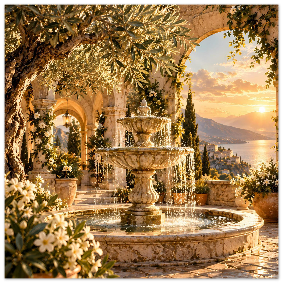 Poster mit Steinfountain im Vordergrund, goldenen Blättern und Blumen, Wasserfontäne
