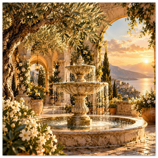 Poster mit Steinfountain im Vordergrund, goldenen Blättern und Blumen, Wasserfontäne