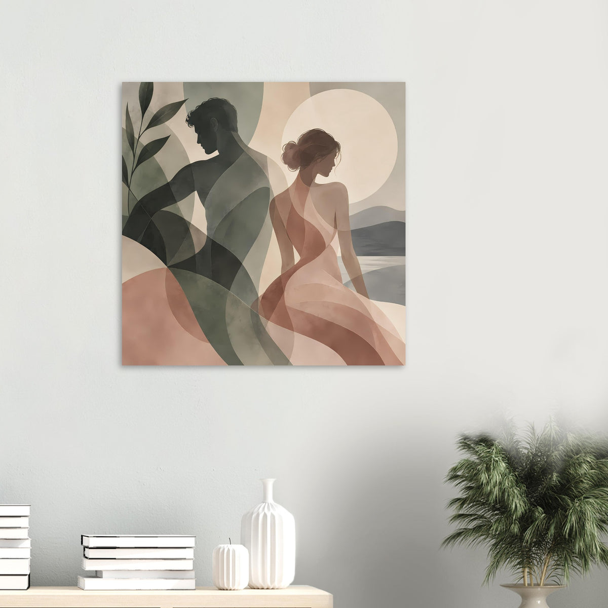 Gerahmtes Poster mit abstrakten Damen- und Herrenprofilen in gedeckten Erdtönen