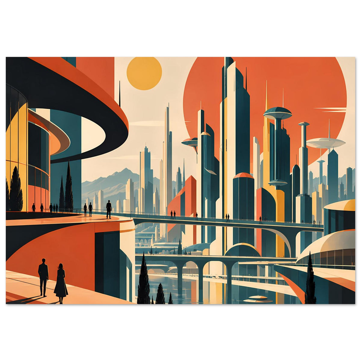 Poster mit futuristischer Art-déco-Stadtansicht, Skyline und Brücken in Orange