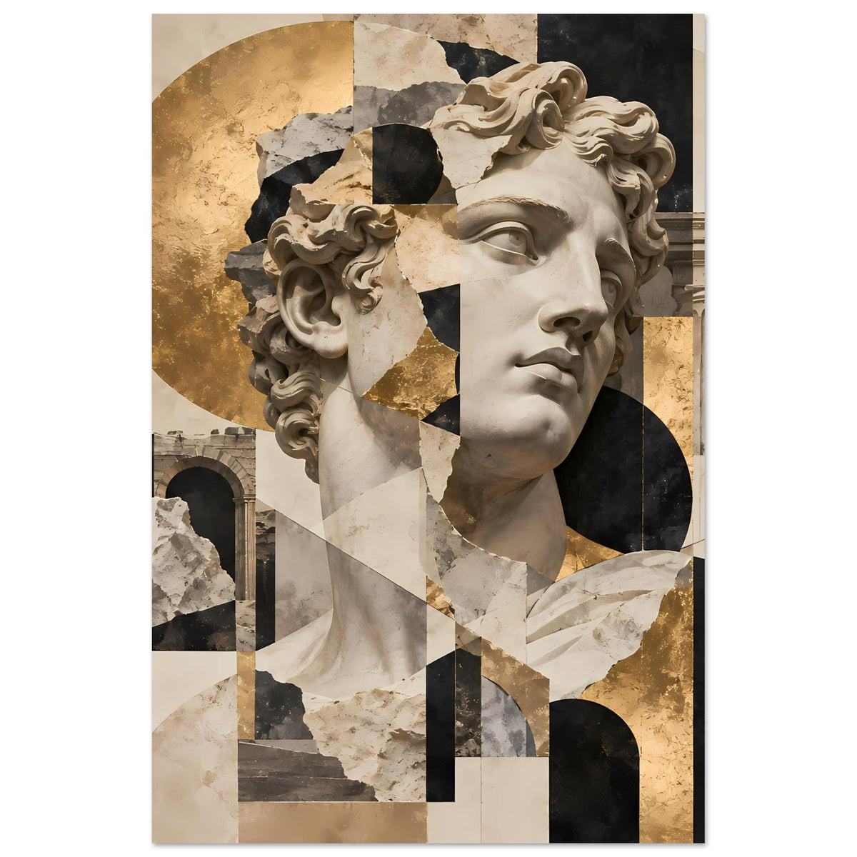 Hochformatiges Poster mit Büstengesicht, Mosaikformen und gold-schimmernden Elementen