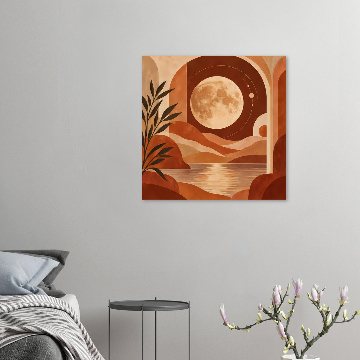 Kleines Boho-Poster mit Vollmond über Wüstenoase, Palme links und Bögen am rechten Rand