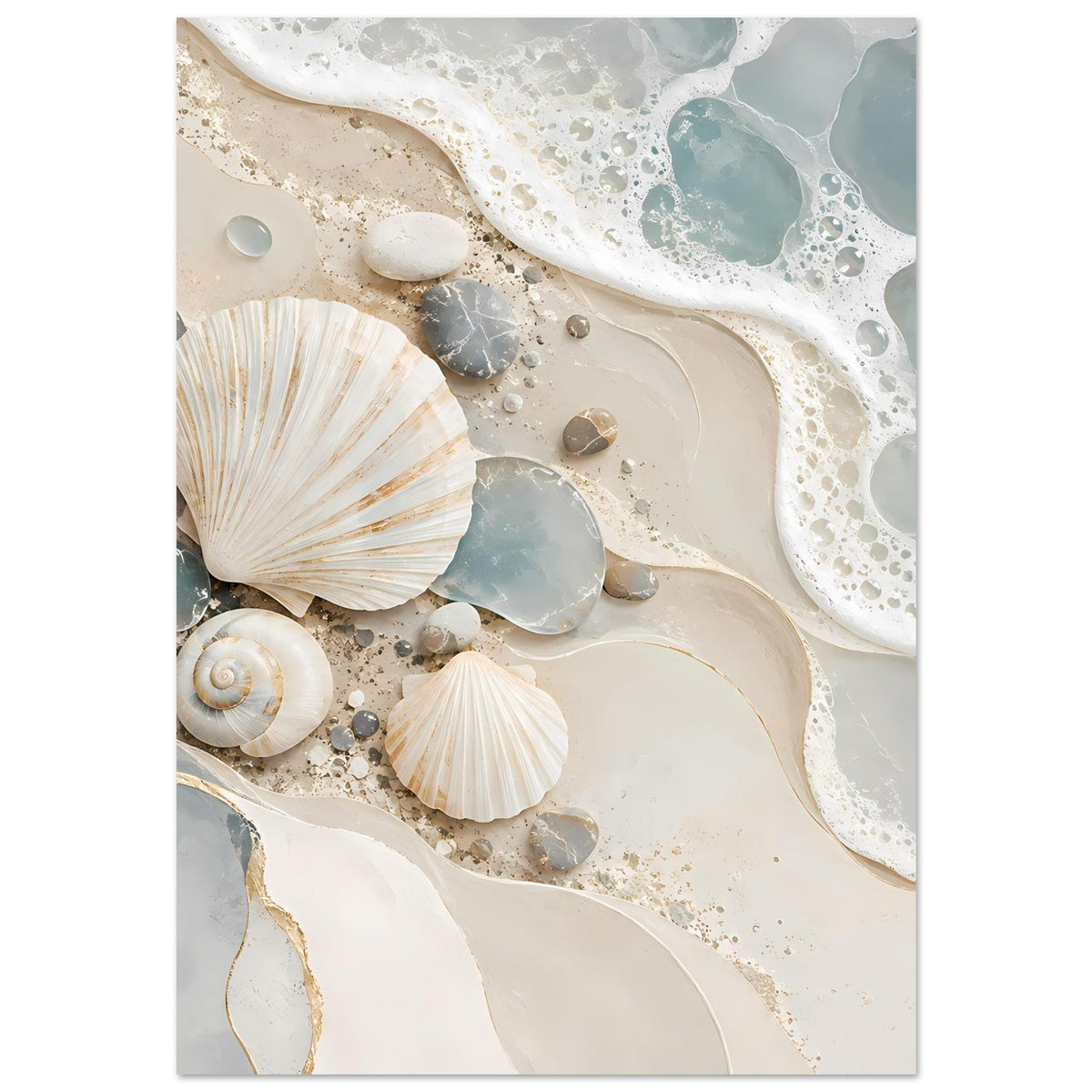 Küstenmotiv-Poster mit Muscheln und Steinen, umspült von weißem Wellen­schaum