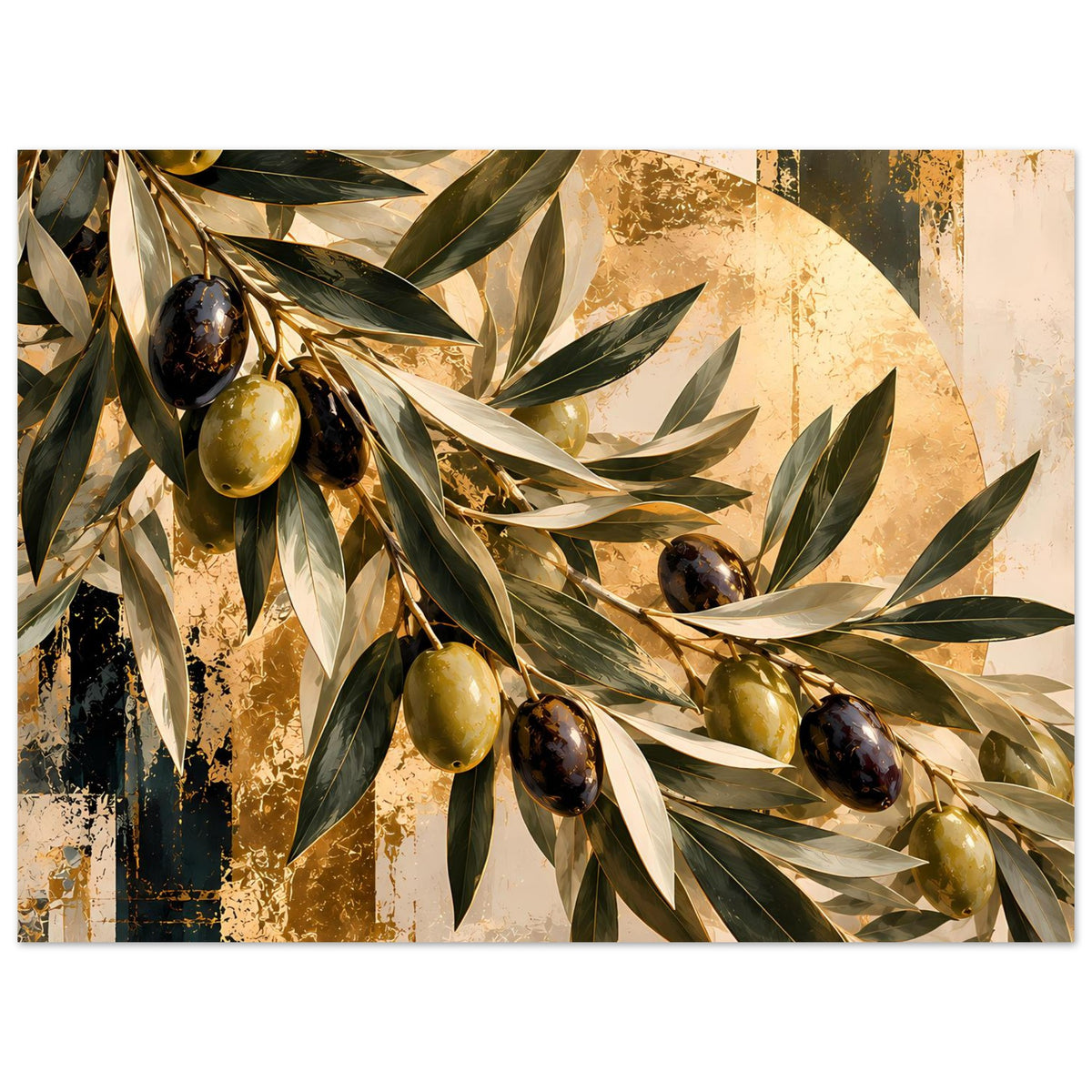 Breites botanisches Kunstposter mit Olivenranke, grün-goldene Blätter und dunkle Oliven