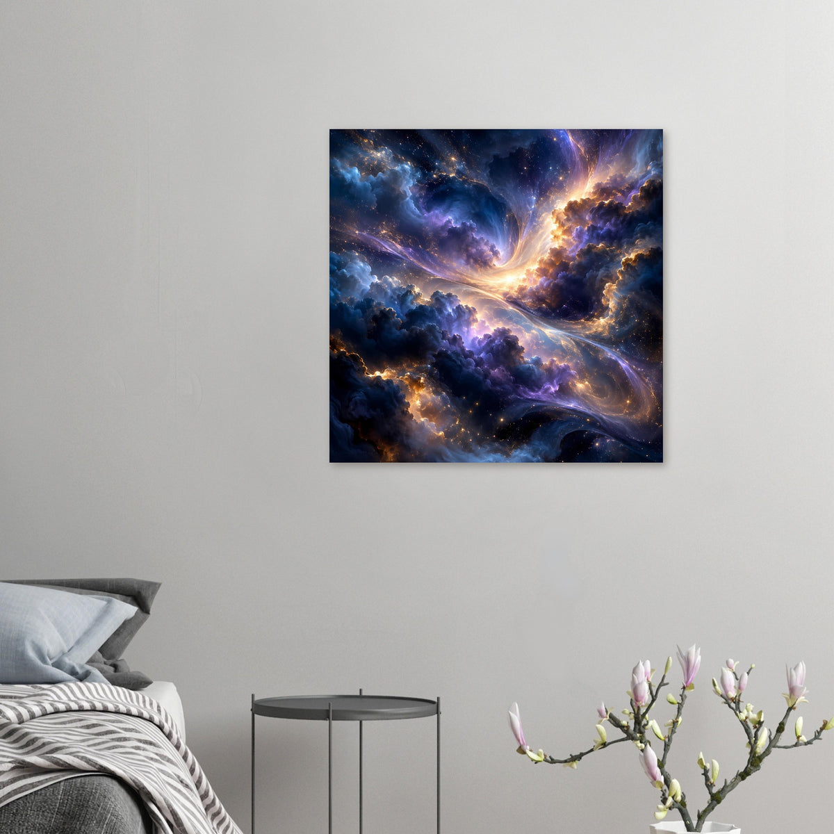 Kleines Galaxieposter mit leuchtenden Nebeln, Sternpunkten und Lichtbogen im Zentrum