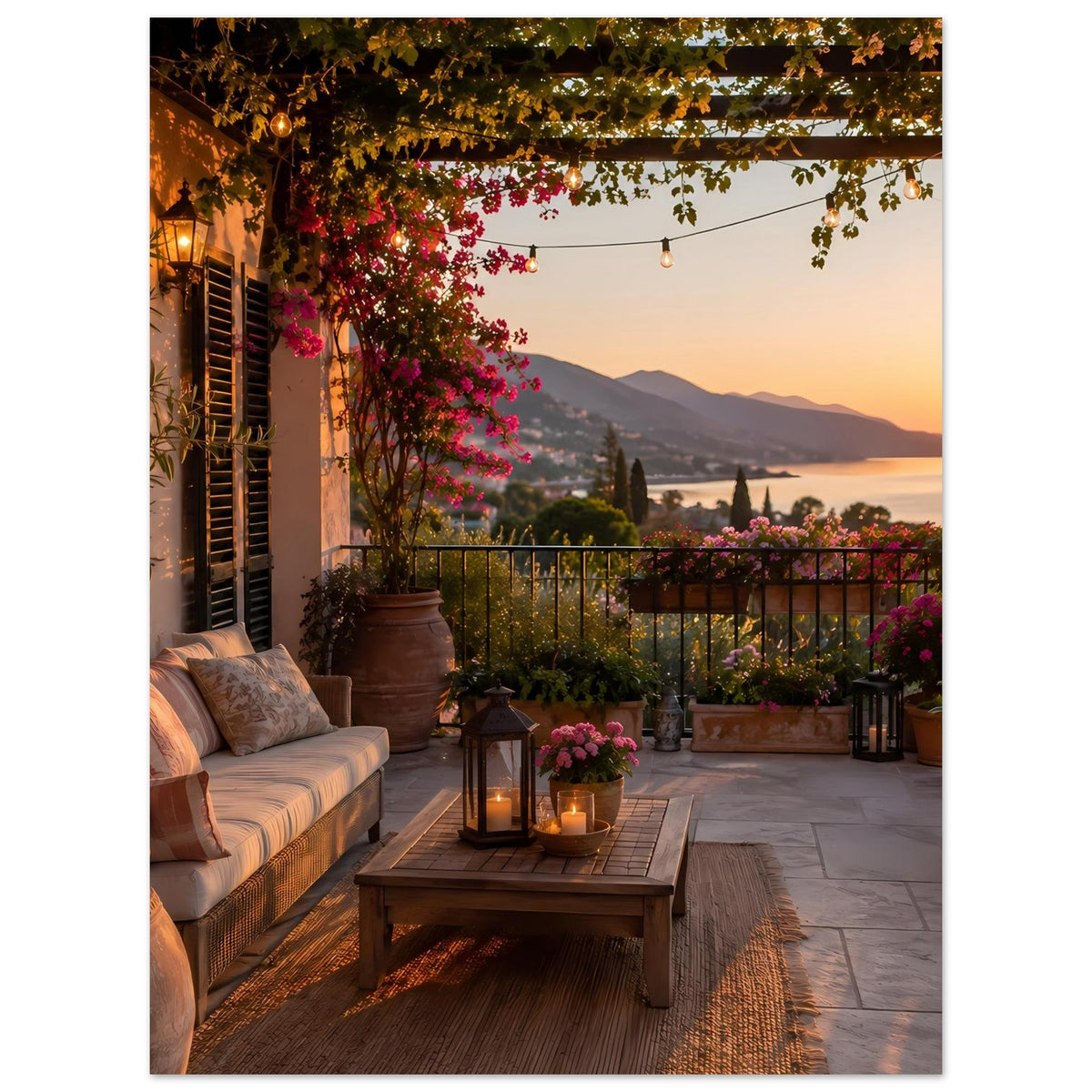 Poster mit mediterranem Balkonblick: Laterne, Blüten und Sitzmöbel am Abend