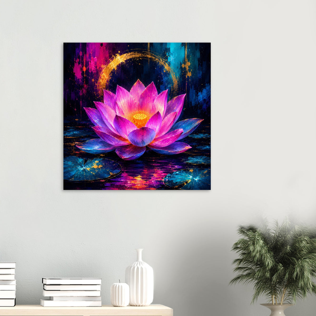 Quadratisches Blumenposter mit leuchtender Lotusblüte in Rosa und Violett, mit Goldakzenten