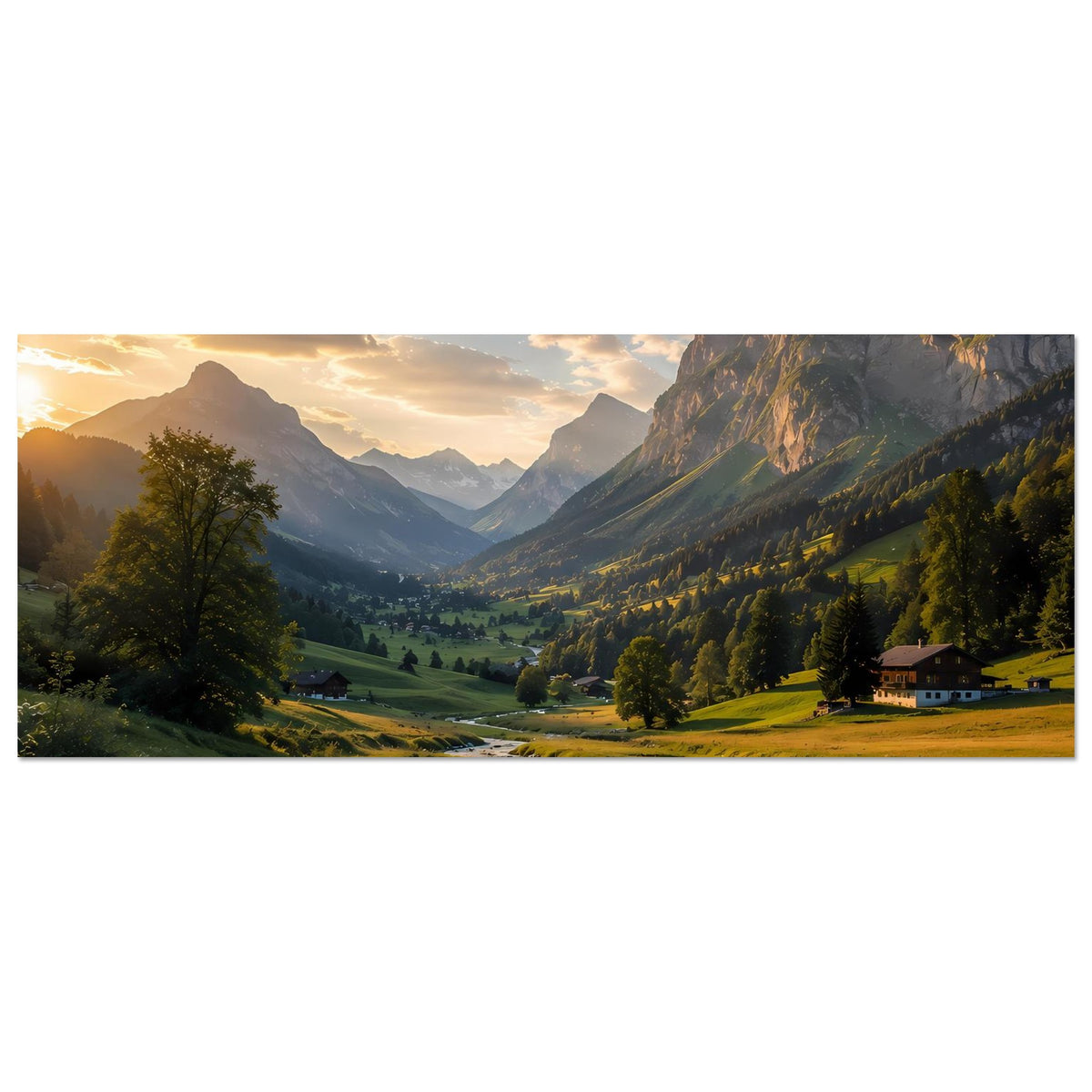 Horizontales Poster mit Alpenlandschaft, Fluss im Sonnenuntergang, Berge, Wiesen und Haus am Hang.