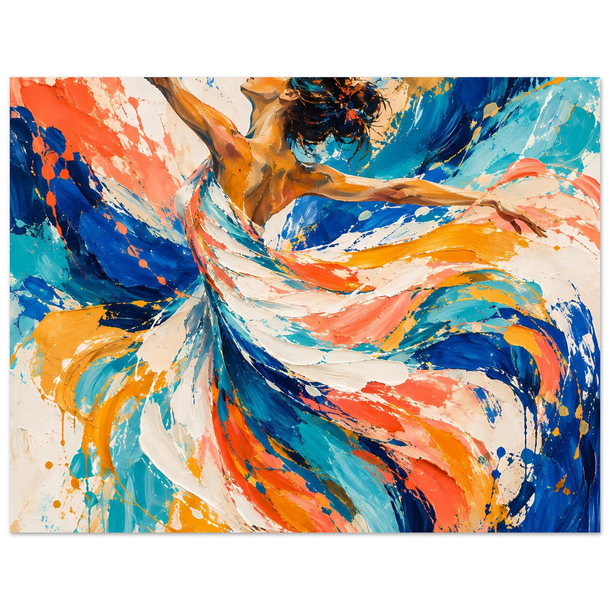 Tanzposter im Querformat mit abstrakter Silhouette und Farbverläufen in Blau und Orange