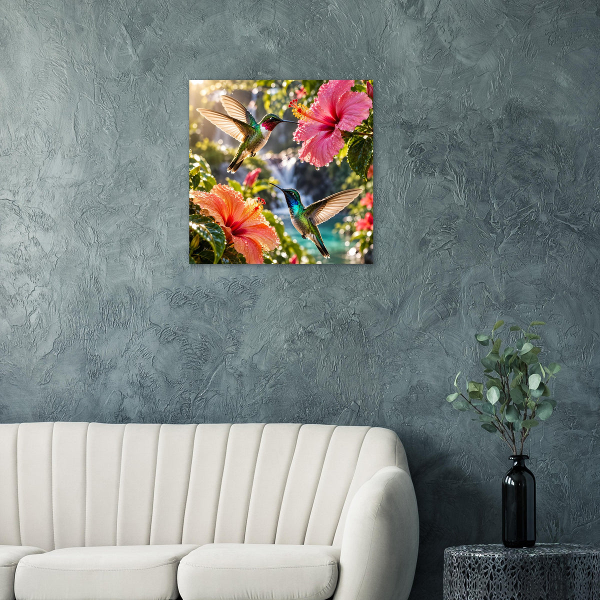 Quadratisches Poster mit Kolibris im Flug und rosa Hibiskusblüten im Vordergrund