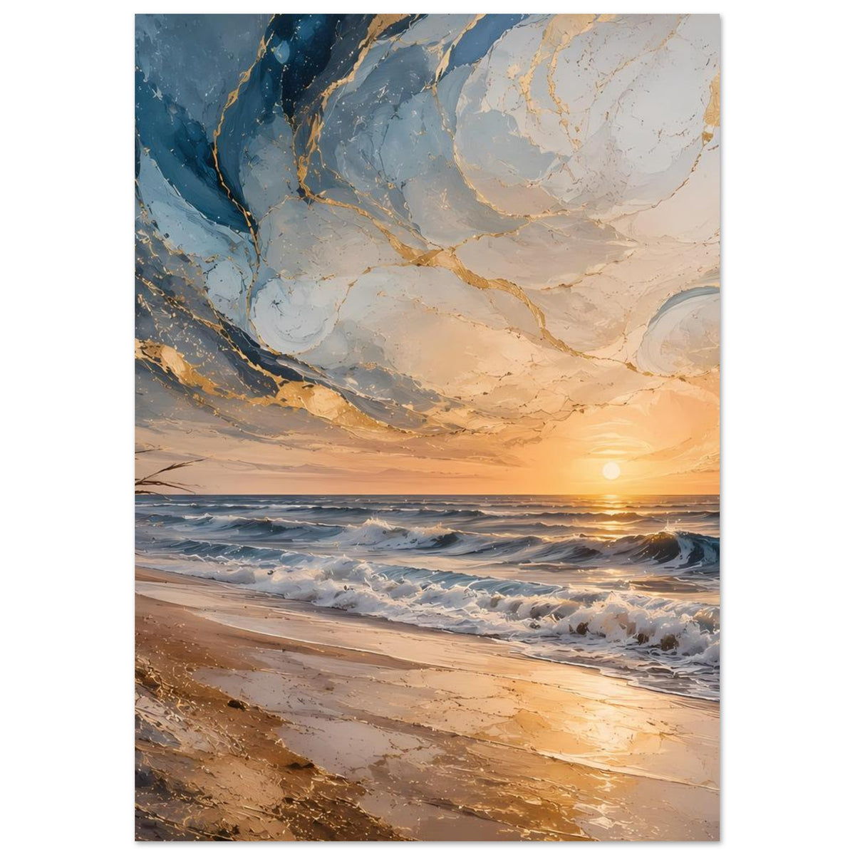 Poster im Hochformat: goldene Meereswellen, Strand und heller Sonnenkreis am Horizont