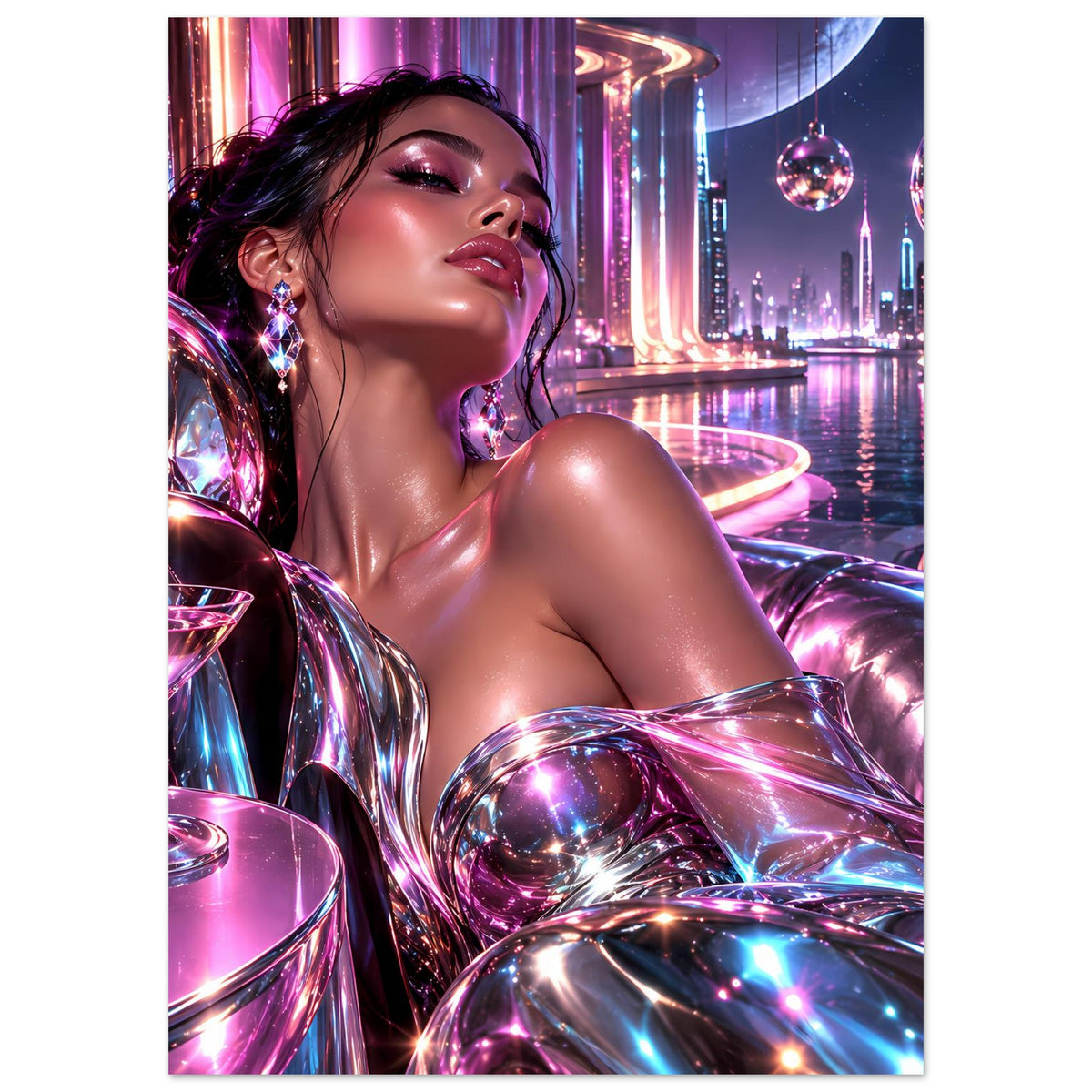 Neon-Poster im Hochformat: Frau in silbrigem Bikini, leuchtende Kugeln und Lichter