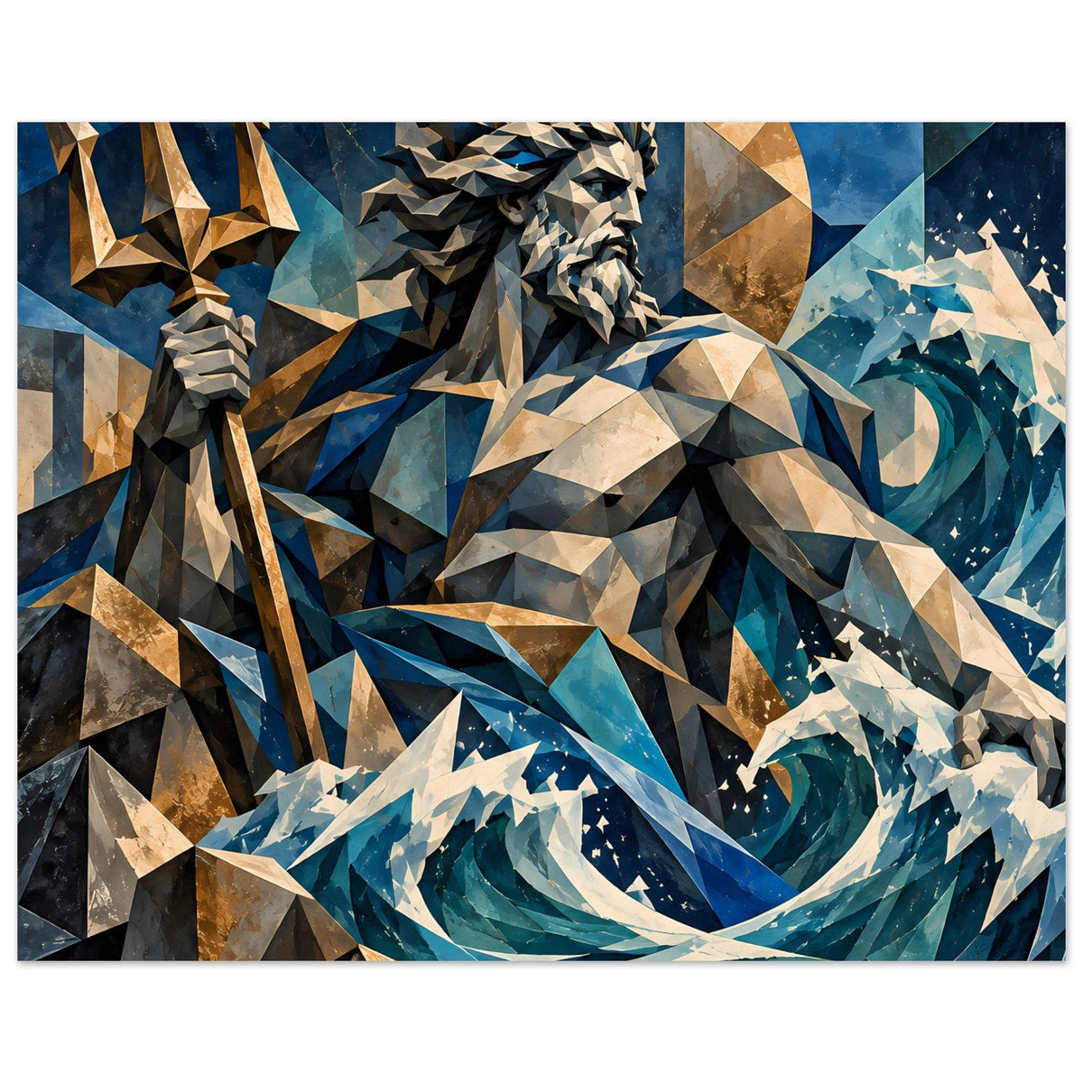 Geometrisches Poseidon-Poster, Fokus auf Oberkörper, Trident links, Wellen in Blau
