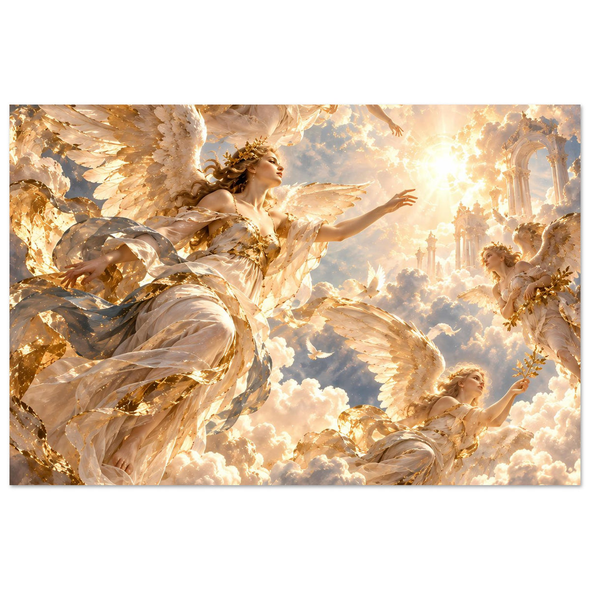 Premium-Mattposter horizontal: Engel mit goldenen Flügeln, leuchtende Szene mit Himmelswolken