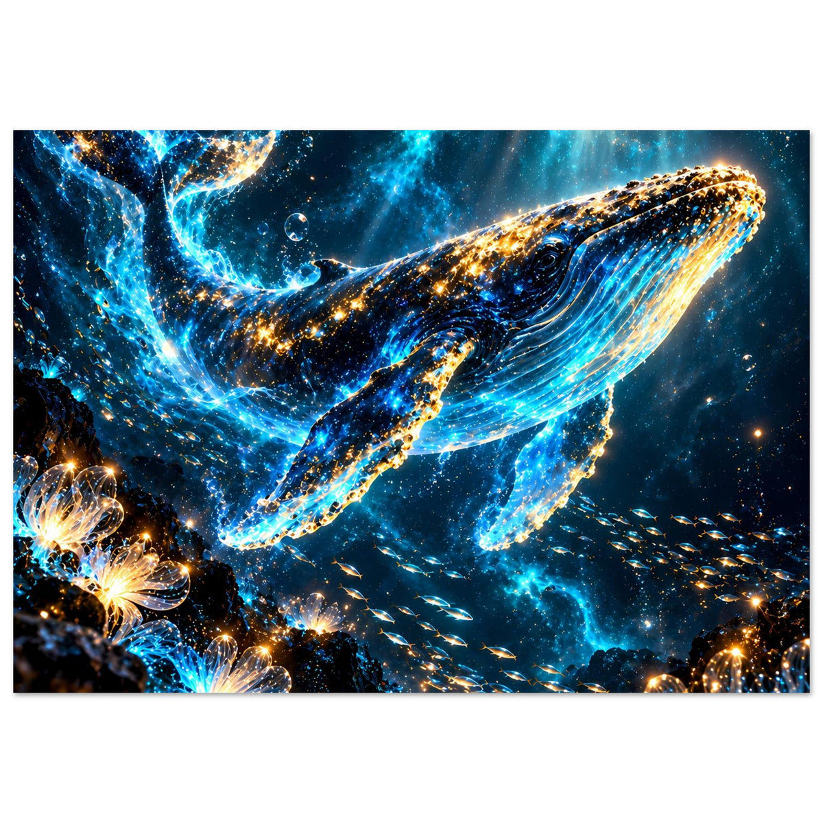 Poster im Querformat: Wal im Licht, blaue Wellenlinien und goldene Funkeln